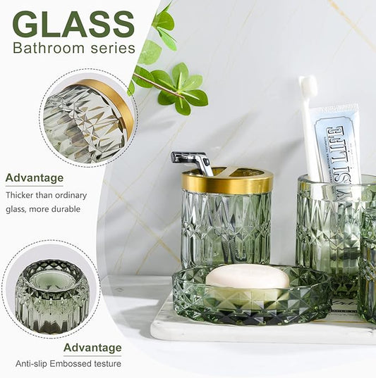 Green Bathroom Accessories Set, 5Pcs Clear Glass Bathroom Set Accessories, Soap Dispenser, Soap Dish, Toothbrush Holder Set, Tumbler, Qtips Holder for Vintage Crystal Bath Decor