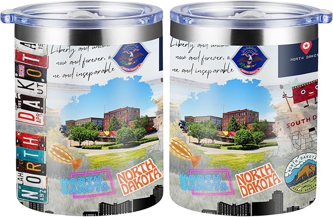 12oz Coffee Mug North Dakota State Insulated Coffee Cups, United States Map Travel Mug Landmark, Birthday Gifts Cute Mugs with Lid and Straw Gifts for Mom