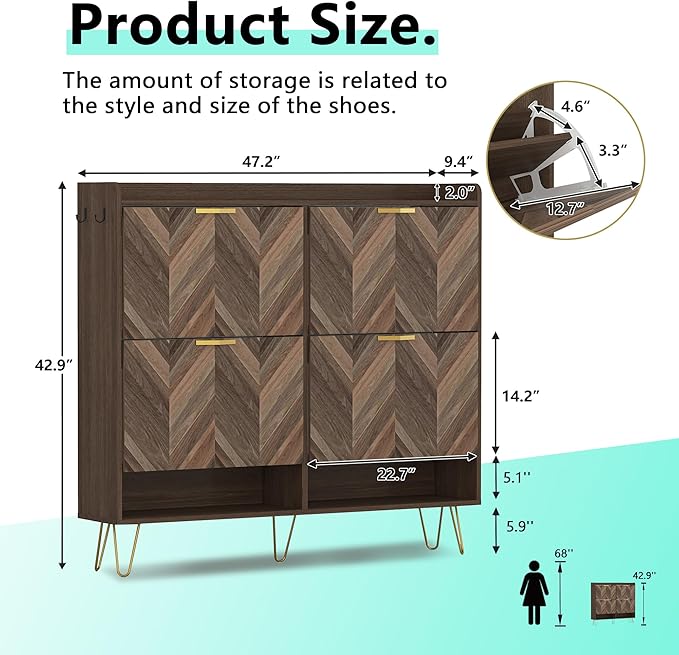 Vibe & Dine 4 Flip Drawer Shoe Cabinet, Mid Century Modern Shoe Organizer with Bottom Cubby, Hidden Shoe Cabinet with 2 Hooks, Freestanding Narrow Slim Shoe Rack Cabinet for Entryway, Foyer, Hallway