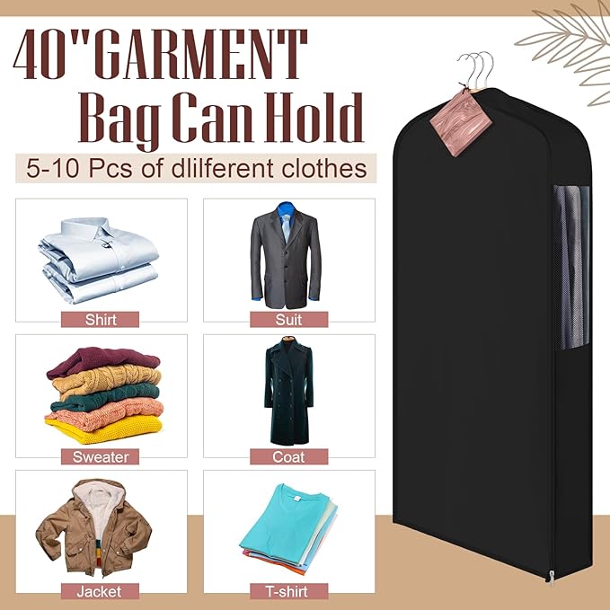 40" Cotton Garment Bag for Hanging and Storage Clothes with 4 Cedar Blocks for Fresh Smell and Moth Protection, Breathable Hanging Storage Bag for Suit Sweater Gown Fur Coat, 6'' Wide, Black