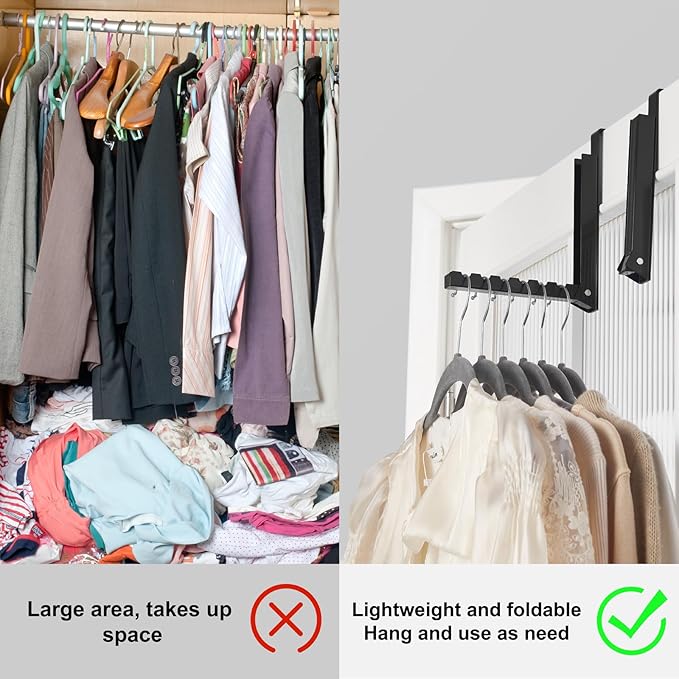 2 Pack Over The Door Hooks Hanger for Clothes, Foldable Over The Door Drying Rack for Laundry, Overdoor Hanger Hook with 6 Groves for Towel, Coat, Black