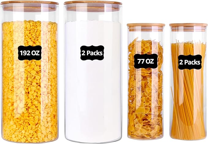 Glass Food Storage Jars, Food Containers with Airtight Bamboo Lids for Pasta, Cookies, Nuts, Coffee Beans, Cereal, Glass Canisters for Kitchen, Pantry Organization,Set of 4