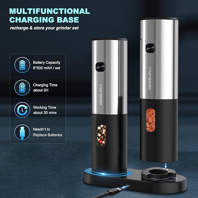 Rechargeable Electric Salt and Pepper Grinder Set with Charging Base, DERGUAM Stainless Steel Pepper Grinder with Adjustable Coarseness and Led Light