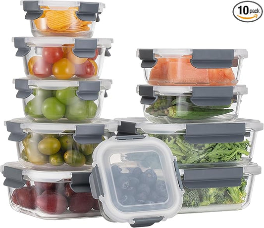 GENICOOK GC [10-Pack] Glass Meal Prep Containers with Lids, Food Storage Containers with Snap Locking Lids, Airtight Lunch Containers, Microwave, Oven, Freezer and Dishwasher
