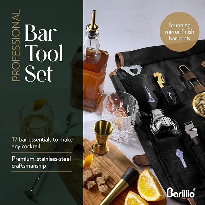 Barillio Bartender Kit Bag with Gold Cocktail Shaker Set - Waxed Canvas, Traveling Bar Tools Bag with 17-Pc Cocktail Kit - Travel Mixology Bartending Kits - Mobile Bar Roll with Strap & Accessories