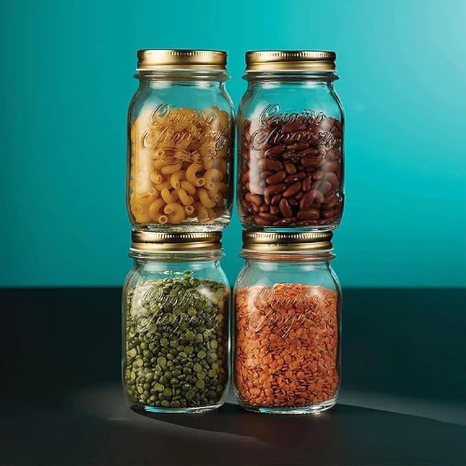 Bormioli Rocco Quattro Stagioni set of 4 Clear Airtight Mason Jars, 17 Oz. Made from BPA Free Durable Glass, Made In Italy.