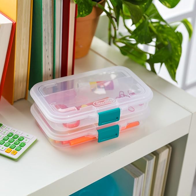 Sterilite Small Divided Pencil Box, Stackable Plastic Small Storage Container with Latching Lid, Organize Pens and Small Items, Clear Case, 12 Pack
