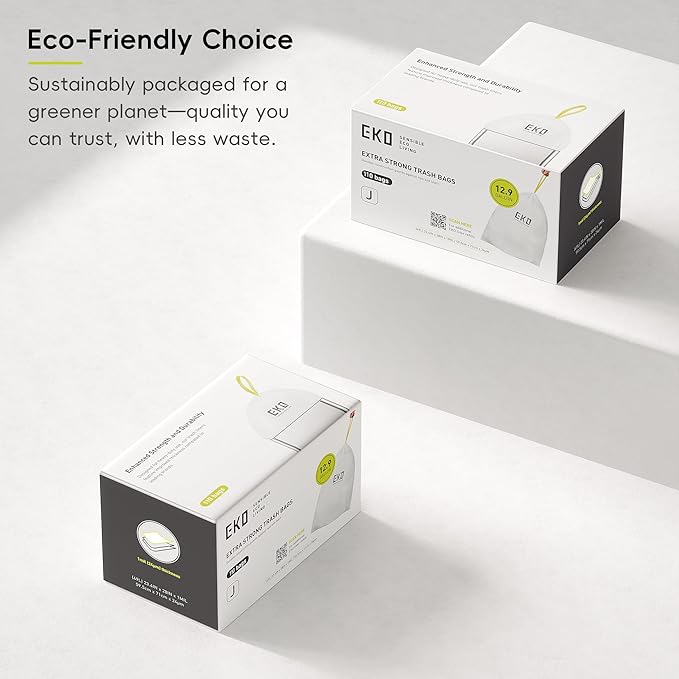 EKO 12.9 Gallon / 45-49 Liter, 110 Count Drawstring Trash Bags, Extra-Strong Unscented Garbage Bags, Easy-Dispense Roll for Kitchen & Household Use, Resists Tears, Leaks and Punctures, Code J, White