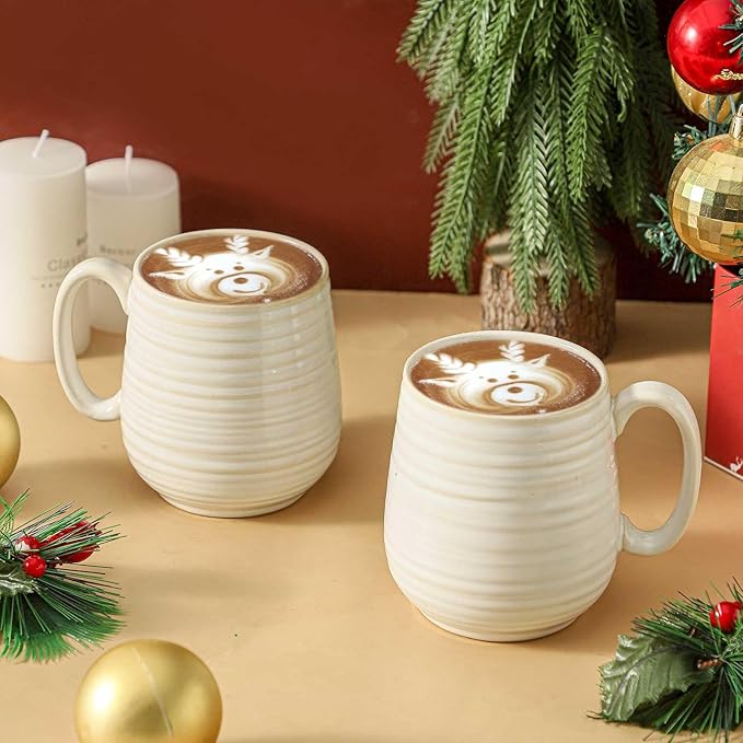 HASENSE Coffee Mugs Set of 2, 20 oz Ceramic Coffee Cups for Men and Women, Premium Large Tea Cups Gift Box with Coaster & Gold Spoon, Couple Mugs for Christmas Wedding Gift, Clay-Infused White