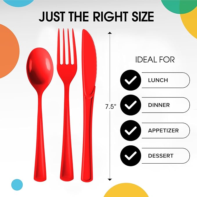 Party Solids Red Plastic Silverware Heavy Duty 150 Pieces Red Disposable Silverware Heavy Duty, Utensil Sets, 50 Of Each Forks, Knives & Spoons Disposable Cutlery Set For Party Supplies