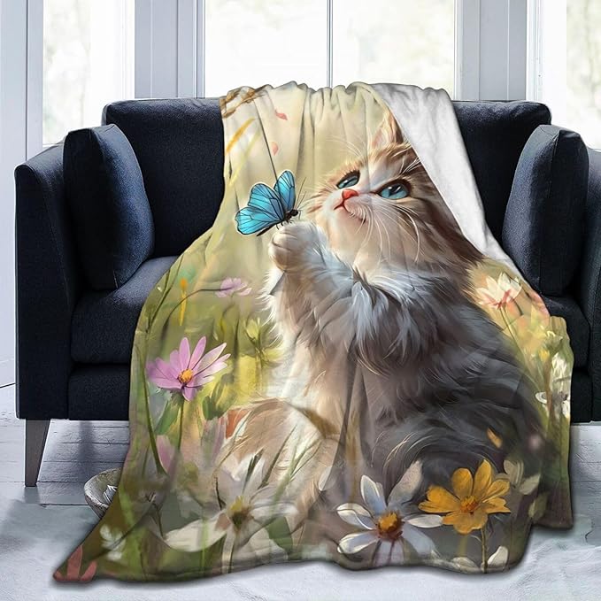 Cat Blanket Gifts for Girls Boys Blue Butterfly Throw Blankets Cozy Plush Cute Flower Fleece Lightweight Flannel Fuzzy 60"X50"