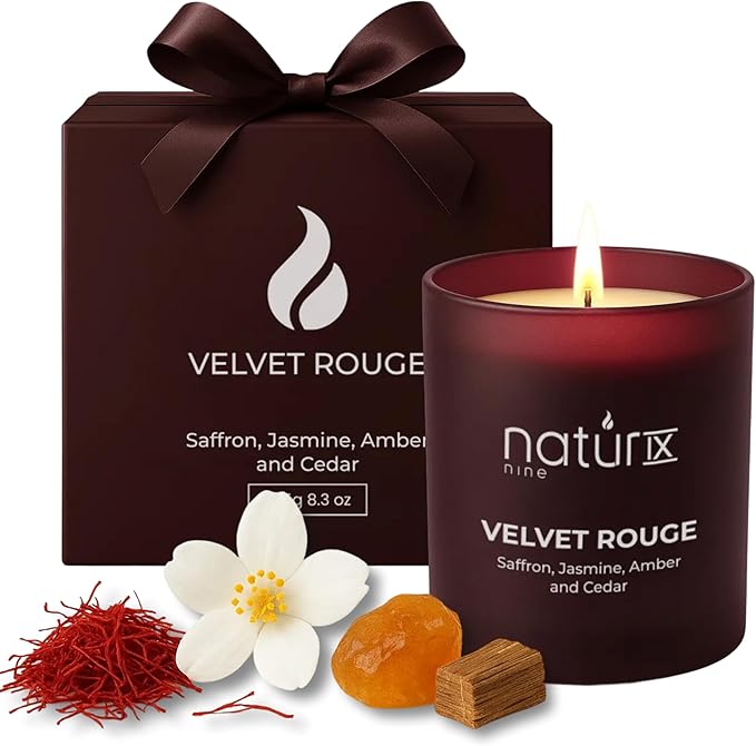 Natur IX Velvet Rouge Scented Candles for Home | Cedarwood, Saffron, Jasmine & Amber | Natural Non Toxic Soy Candles with Essential Oils | 50 H Long Burning