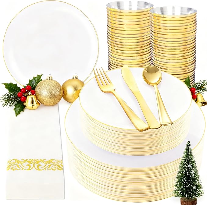 NOCCUR 350PCS Gold Disposable Dinnerware Set for 50 Guests - White and Gold Plastic Plates Include 50 Dinner/Dessert Plates, 150 Silverware and 50 Napkins/Cups Ideal for Party/Christmas