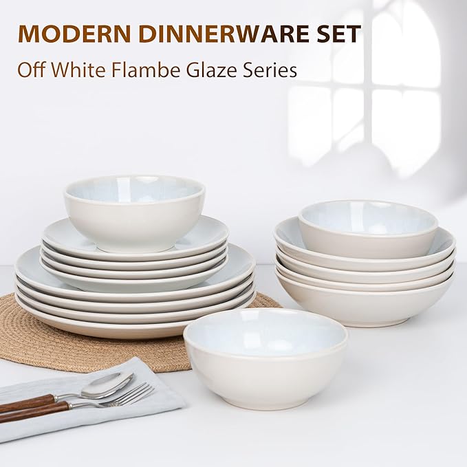 Plates and Bowls Sets for 4 - CJDC-QUELO 16-Piece Stoneware Dinnerware Sets, Ceramic Dishware Set for Kitchen Use and Formal Dining, Chip and Scratch Resistant Microwave Dishwasher Safe, Off White