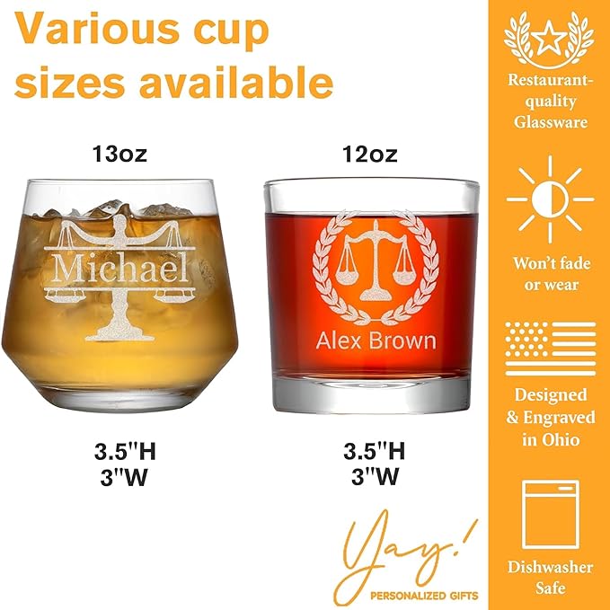 Personalized Lawyer Gifts for Men, Custom Whiskey Glass, Pass the Bar Exam Gifts for Female Lawyers, Office Present for Attorney, JD, Future Lawyer, Law School Graduation Gift for Men