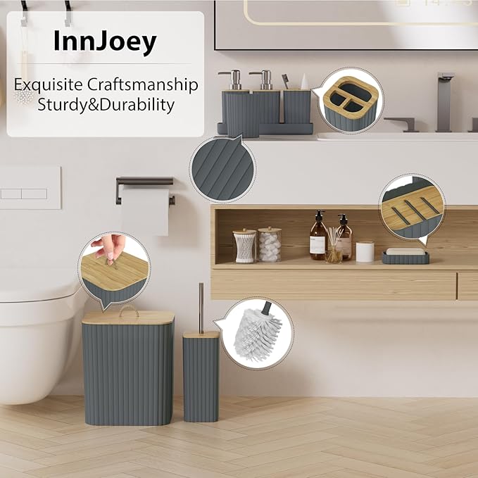 Bathroom Accessories Set - 10PC Bathroom Set, Grey Bathroom Set, Bathroom Accessories Set, Toilet Brush, Bathroom Trash Can & Soap Dispenser