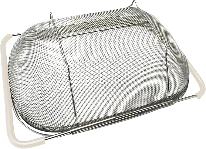 Over The Sink Colander, 6 Quarts Stainless Steel Oval Colander with Expandable Rubber Grip Handle, Fine Mesh Strainer Baskets Kitchen Colanders for Strain, Drain, Rinse Vegetable, Fruits, Beige