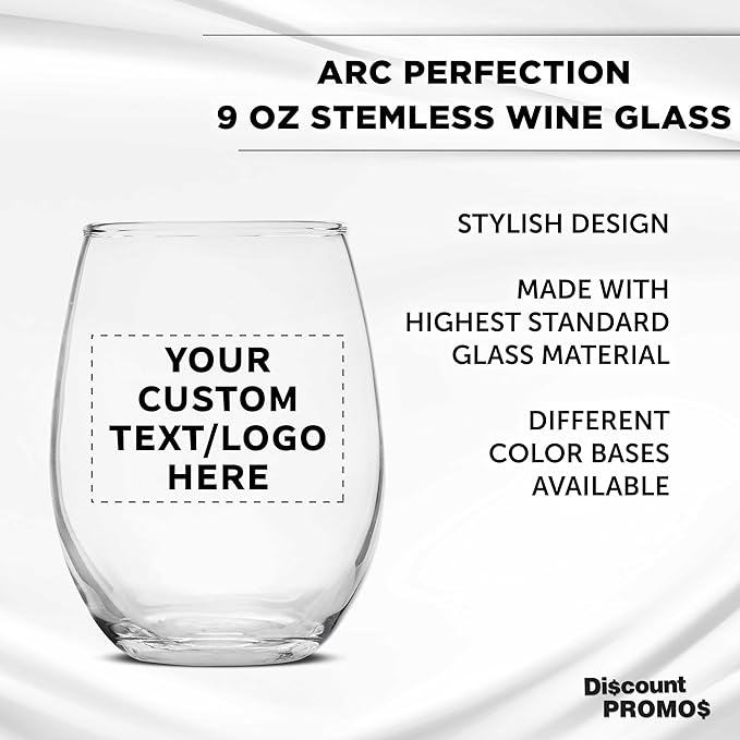 DISCOUNT PROMOS Custom Stemless Wine Glass 9 oz. Set of 10/50/100, Personalized Bulk Pack - Great for Wedding Favors, Bachelorette Party Decorations, Party Favors - Clear