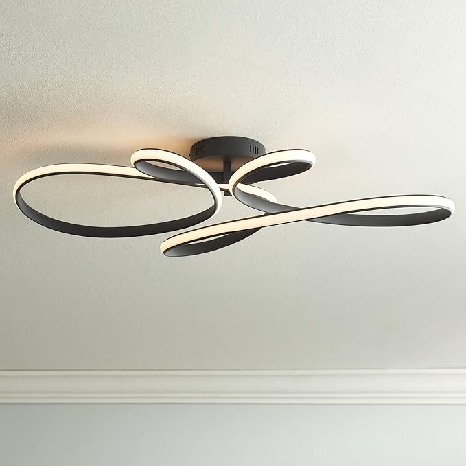 Possini Euro Design Helix Ultra Modern Semi Flush-Mount Ceiling Light Sand Black Dimmable LED Strip Twisting Ribbon Steel Metal 36 1/2" Wide Bedroom Kitchen Living Room Hallway House Home Dining