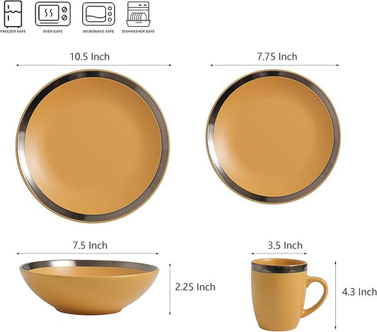 Bestone 16 Piece Round Kitchen Dinnerware Sets,Plates and Bowls sets,Dishes, Plates, Bowls, Mugs, Dish Set，Plates and Bowls,Service for 4, Stoneware (round, green and gold rim)