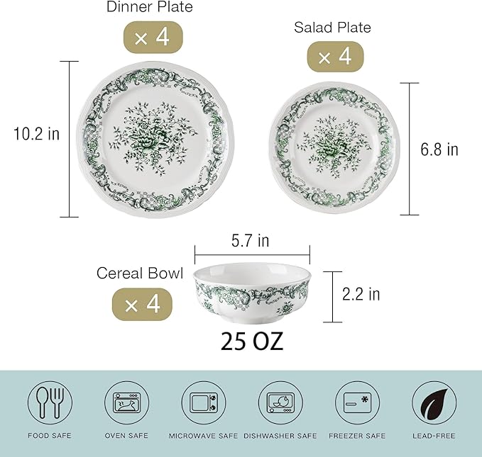Ceramic Dinnerware Set 12Piece Ornate Edge Dish Set for 4 Vintage Green Floral Elegant ChipResistant Kitchen Plates Bowls for Daily Use & Party Microwave & Dishwasher Safe(Green)