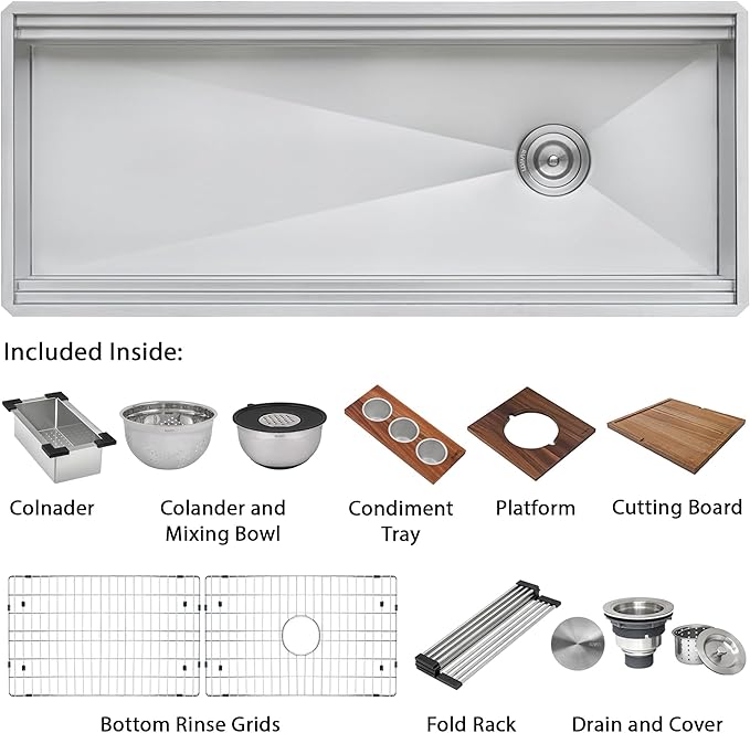 Ruvati 69-inch Undermount Workstation Kitchen Sink – 16 Gauge Stainless Steel Single Bowl with Two-Tiered Ledges & Accessories – RVH8666