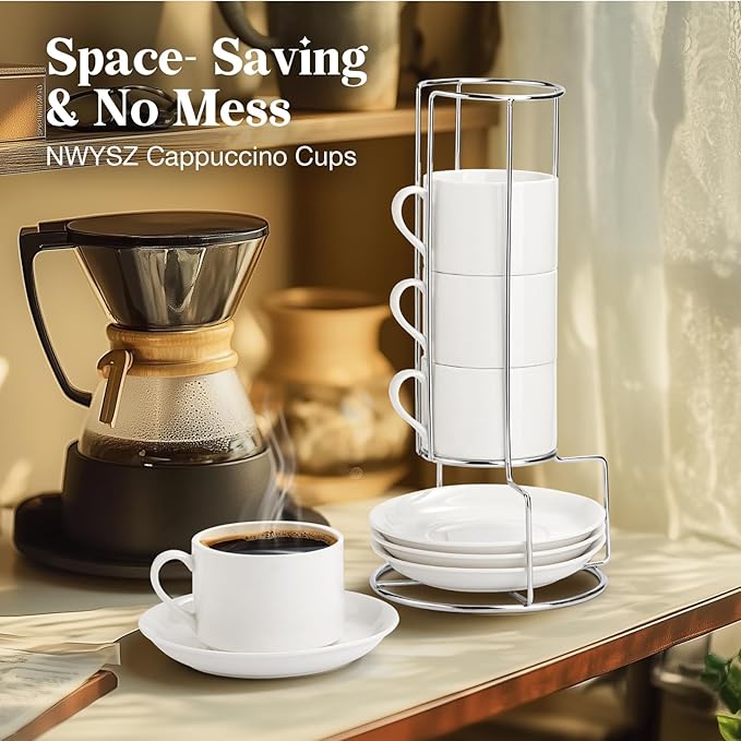 8 Ounce Porcelain Cappuccino Cups with Saucers and Stainless Steel Stand, Stackable Espresso Cups Set of 4, White Ceramic Coffee Mugs for Home, Office, Cafe or Gift