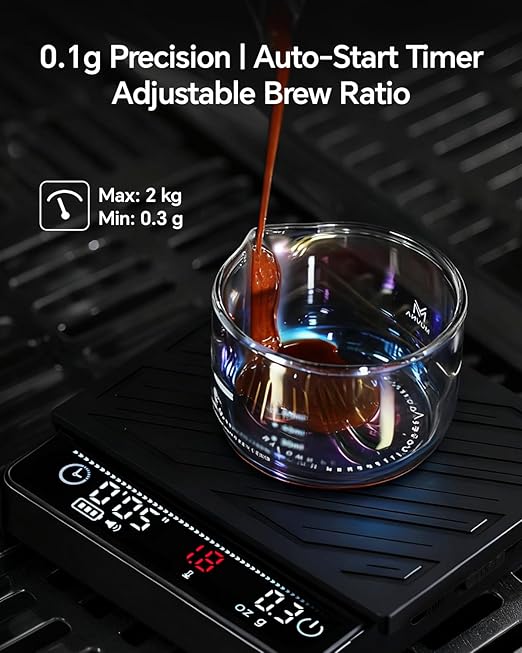 Espresso Coffee Scale with Timer and Flow Rate - MUVNA 2kg/0.1g Precision Rechargeable for Pour Over, Coffee Bean Weight, Mini Portable LED Display 4 Smart Mode, Black
