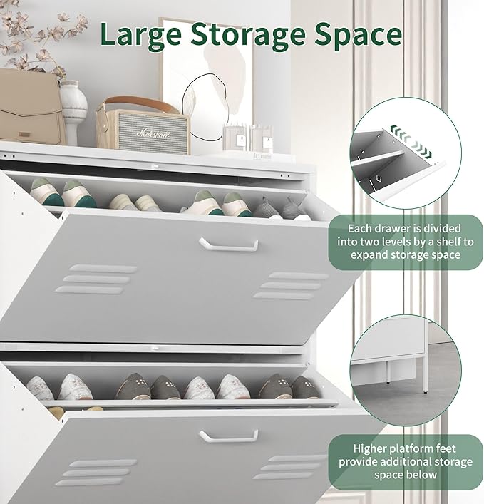 Shoe Storage Cabinet with 3 Flip Drawers, Freestanding Shoe Cabinet Organizer with Metal Frame for Entryway, Hallway, Foyer, White - Space-Saving Slim Design with Anti-Tip Device