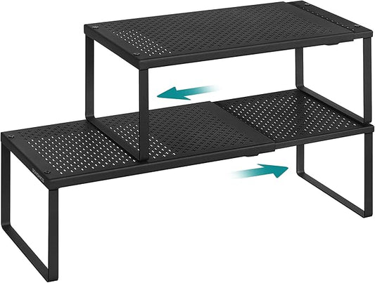 SONGMICS Set of 2 Expandable Pantry Kitchen Organizers, Adjustable Spice Rack, Stackable Cabinet Organizers, Metal, Space-Saving Tabletop Shelves, Matte Black UKCS402B01