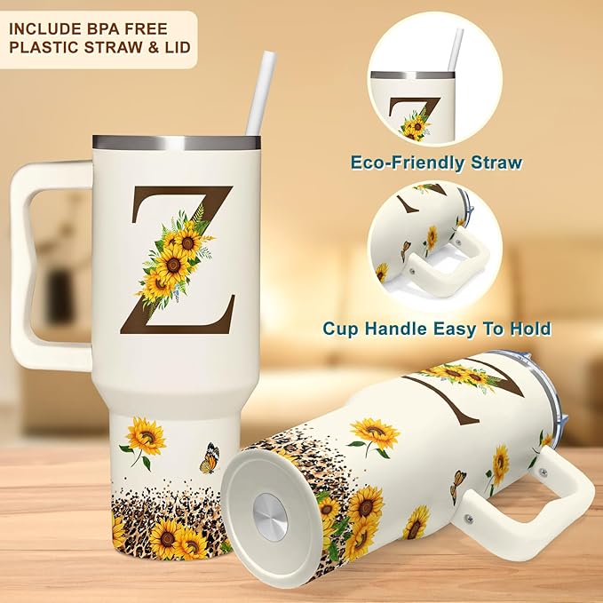 Personalized Birthday Gifts For Women - Sunflowers Monogrammed Cup For Boss Day, Christmas - Customized Gifts For Women, Mom, Wife, Coworkers, Boss Lady, Her - Custom Tumbler With Handle 40oz