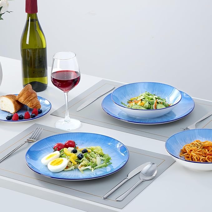 Bestone Porcelain Dinnerware Sets Service for 4, 12 pcs Hand drawn Plates and Bowls Sets, Handmade Ceramic Dish Set, Chip Resistant Modern Plate Set, Dishwasher/Microwave Safe，Starburst blue