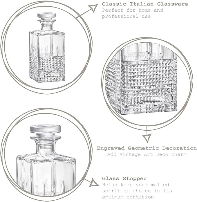 Bormioli Rocco Bartender Novecento Stackable 7-Piece Liquor Set, Includes 1 Decanter and 6 Shot Glasses for Liquor and Spirits, Clear