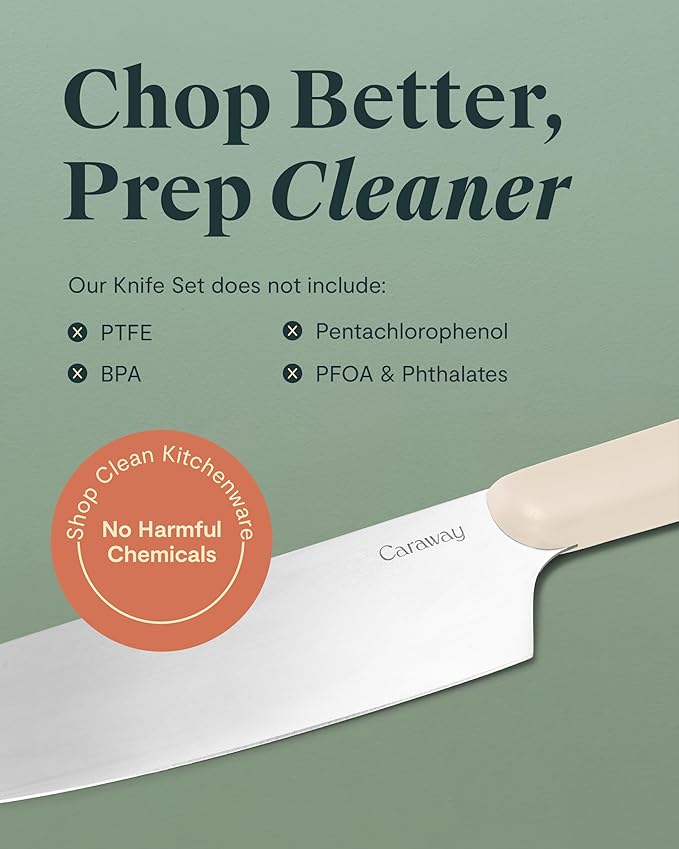 Caraway 5 Piece Knife Set - Premium German Steel Blade Kitchen Knives - Ergonomic Handles - No Microplastics - Gray