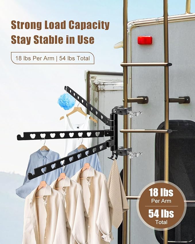Aluminum RV Clothes Drying Rack 3 Swivel Arms, 180° Adjustable and 90° Fold-Up Storage, Rustproof No-Drilling Mount for Camper Trailer Boat Balcony Motorhome