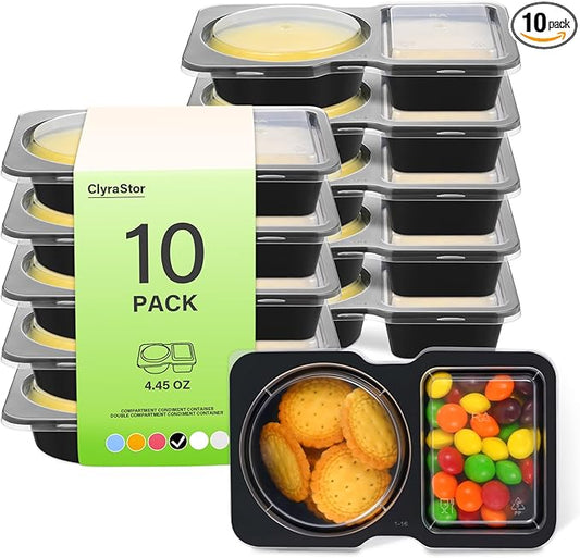 Double Compartment Snack Containers with Lids, 2 Compartment Condiment Container, Plastic Disposable Snack Pack Containers for Sauce, Salad, Food Storage Box(10PCS-Black)