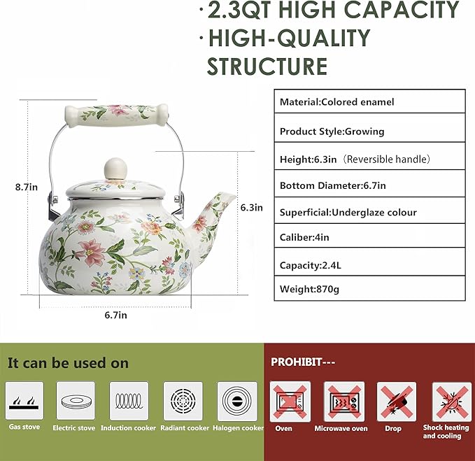 Enamel Teapot floral,Large Porcelain Enameled Teakettle,Colorful Water Tea Kettle pot for Stovetop,Small Retro Classic Design (style01 Growing)