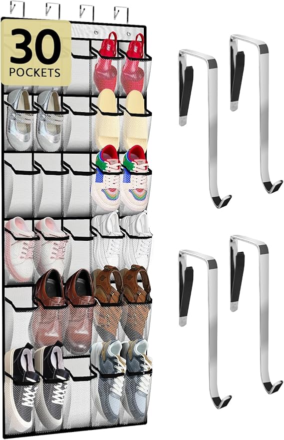 PAULONE Over the Door Shoe Organizer, 30 Multi-Size Large Breathable Mesh Pockets, Reusable Breathable Large Mesh Pockets, Boys' and Girls' Shoe Organizer, Space Saving Hanging Organizer (White)