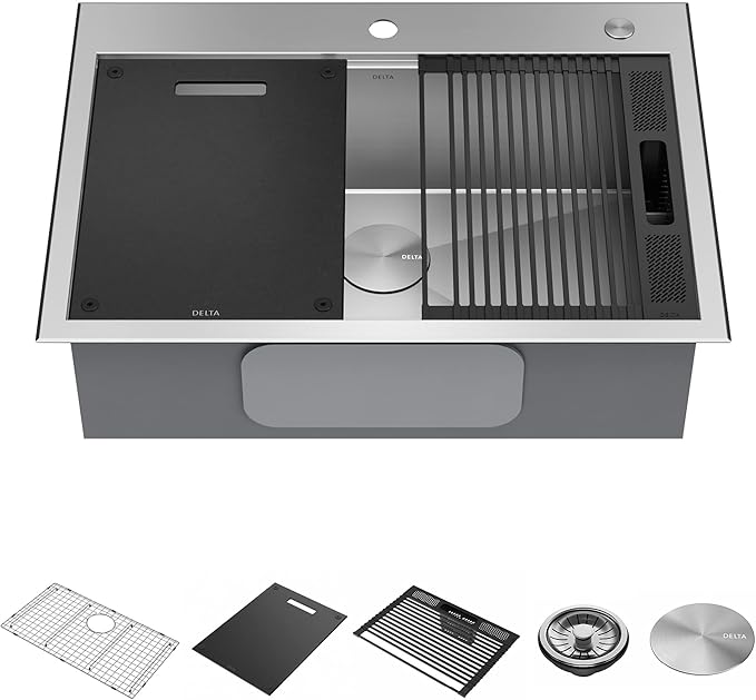 DELTA FAUCET Rivet 30-Inch Workstation Kitchen Sink Drop-In Top Mount 16 Gauge Stainless Steel Single Bowl with WorkFlow Ledge and Chef’s Kit of 5 Accessories, 95A931-30S-SS