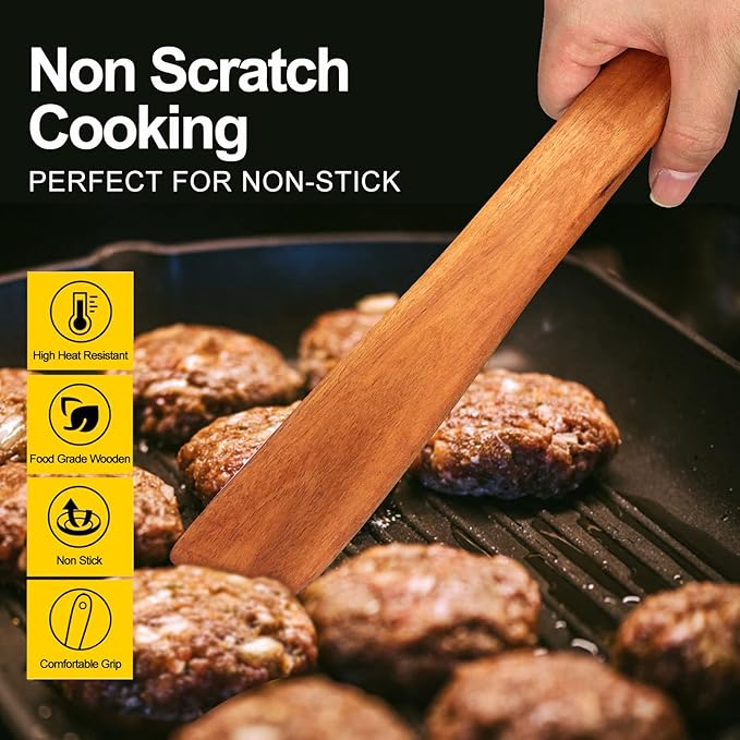 6 Pack Teak Wooden Spoons for Cooking Utensil Set Best Wood Non Toxic Spatula Slotted Turner Nonstick Bamboo Kitchen Utensils Serving Scraper Spurtle Stirrer Cooking Spoon Flat Egg Flipper Spatulas