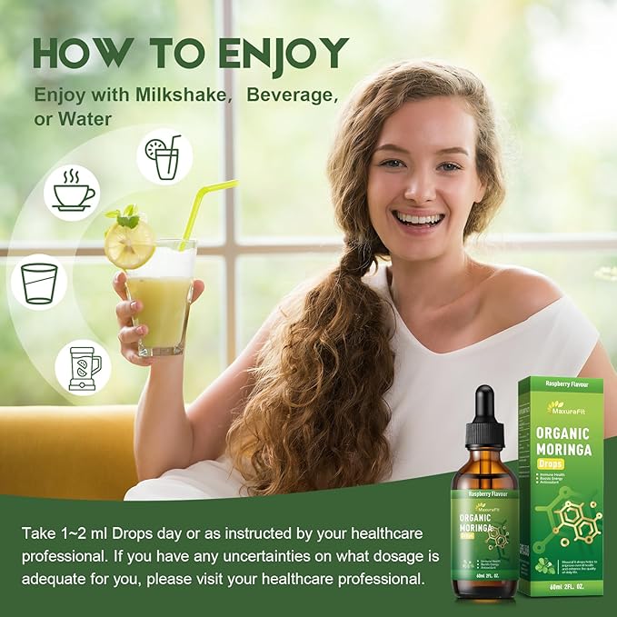 Moringa Leaf Drops with Vitamin C, Moringa Oleifera Extract Liquid Drops for Immunity Support,Antioxidant,Overall Health & Energy,Vegan Herbal Supplement 2 fl oz