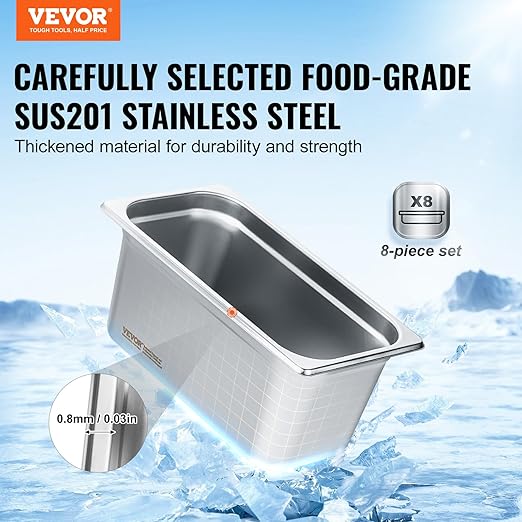 VEVOR 8 Pack Hotel Pans with Lids, 1/3 Size Anti-Jam Steam Pan, 0.8mm Thick Stainless Steel Steam Table Pan, 6-Inch Deep Commercial Table Pan, Catering Storage Food Pan, for Industrial & Scientific