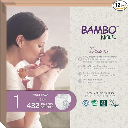 Bambo Nature Hypoallergenic Dream Baby Diapers, Premium Eco-Labeled Sustainable Diapers, Enhanced Leakage Protection, Totally Chlorine-free, Skin Friendly, and Super Absorbent - Size 1 (432 Count)