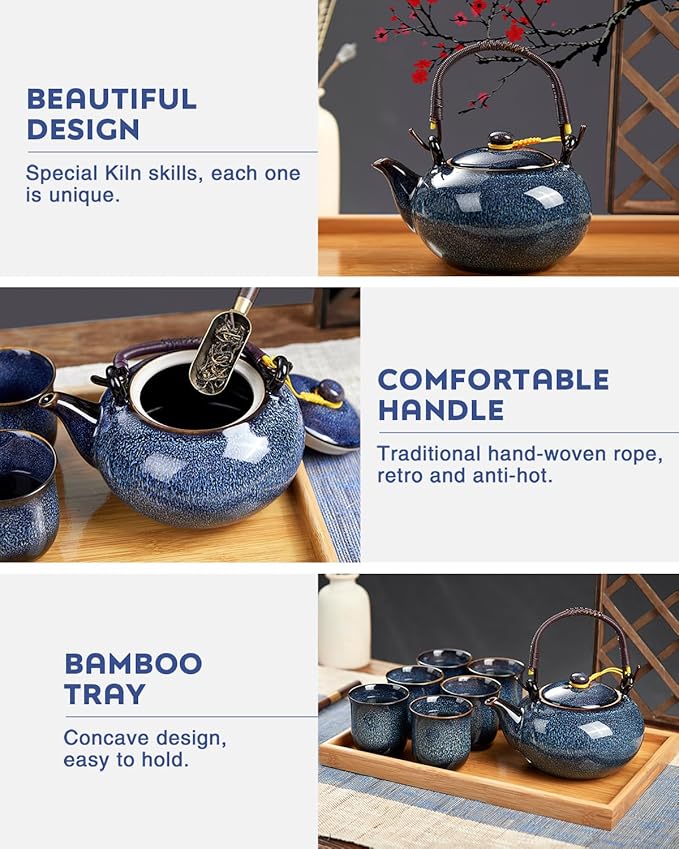 DUJUST Japanese Tea Set for 6, Kiln Altered Glaze Porcelain Tea Set with 1 Teapot, 6 Tea Cups & 1 Tea Tray, Unique Chinese Tea Sets for Adults/Tea Lovers/Women/Men, Blue