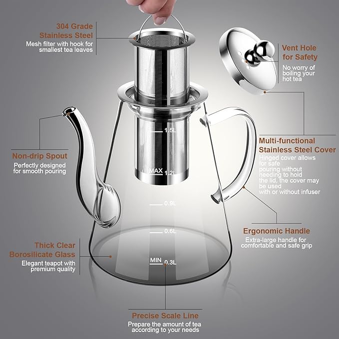 1500ml Glass Teapot, Large Tea Pot with Infuser for Loose Tea and Blooming Tea, Stovetop Safe Tea Kettle, Hand Crafted Borosilicate Glass Tea Maker with Scale Line, Tea Gift Set for Tea Lovers