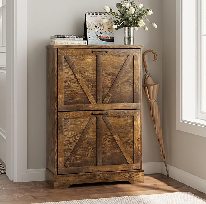 Shoe Cabinet, Shoe Storage Cabinet for Entryway with 2 Flip Drawers, Narrow Farmhouse Shoe Organizer Cabinet, Slim Shoe Rack Cabinet, 23.6in Rustic Brown