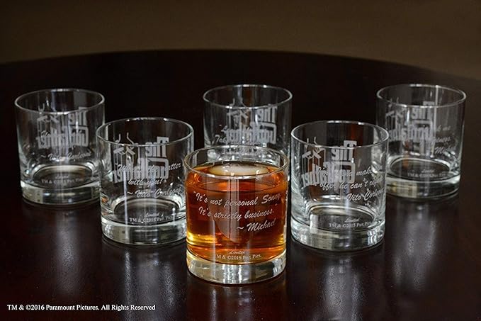 Official Godfather Etched Whiskey Glass Set - with Logo & 6 Unique Quotes - Premium Quality, Handcrafted Glassware, 11 oz. A Perfect Collectible Rocks Glass Set