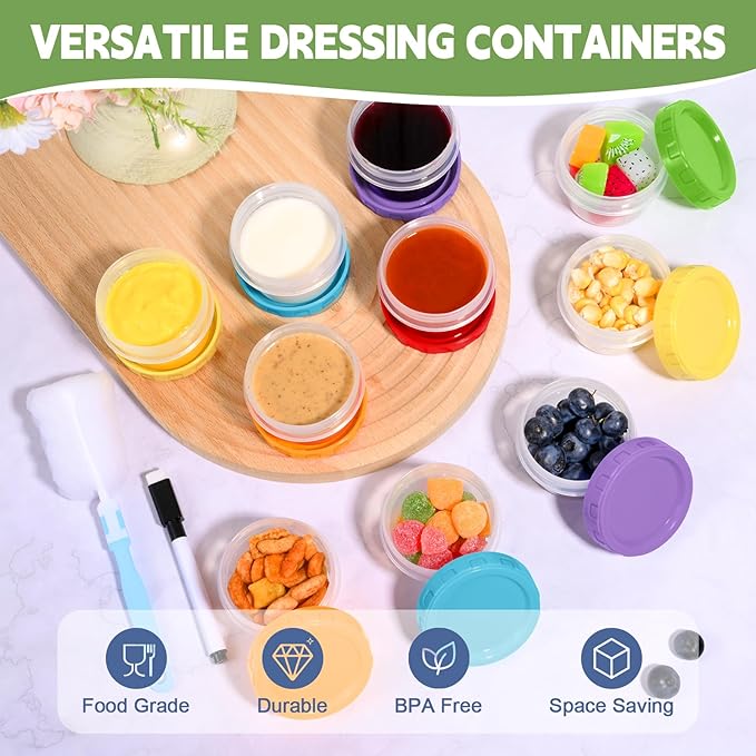 2 oz Small Plastic Containers with Lids, 12 Pack Salad Dressing Container, Reusable Condiment Containers Sauce Cups, with Pen and Brush, Freezer, Microwave & Dishwasher Safe