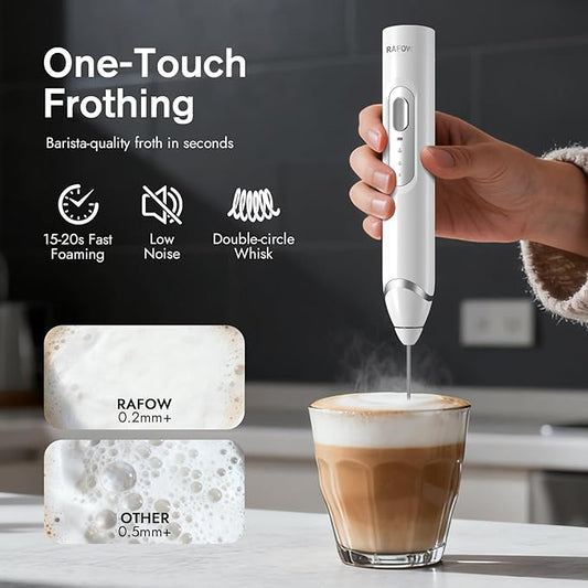 RAFOW Handheld Electric Milk Frother: Rechargeable Frother Wand with Stand, 3 Speeds & Detachable Double Whisk Drink Mixer, Froth Stirrer for Latte, Cappuccino, Cream, Matcha, Dalgona Coffee - White