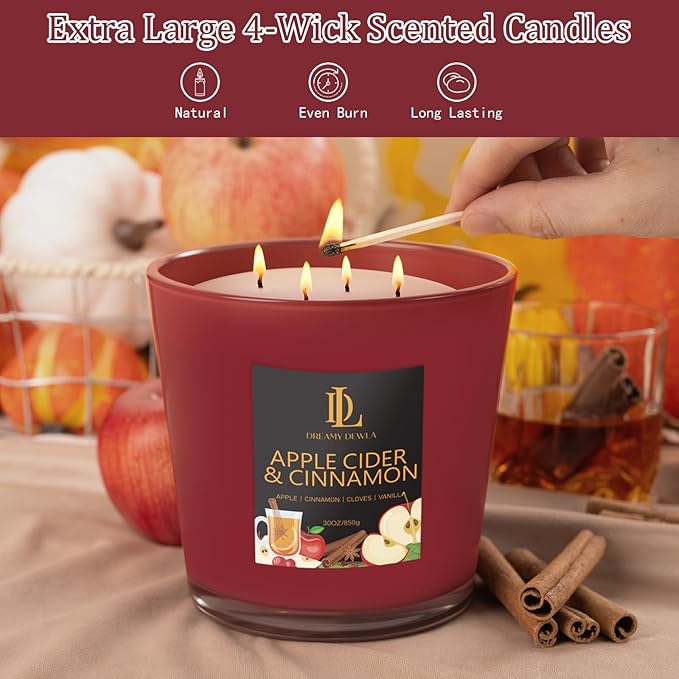 Large Fall Candle Apple Cider & Cinnamon Scented, 4 Wick Natural Soy Candles for Home Scented, 30oz Big Autumn Candle Long Lasting, Home Aromatherapy Candles Housewarming Gift for Women Men